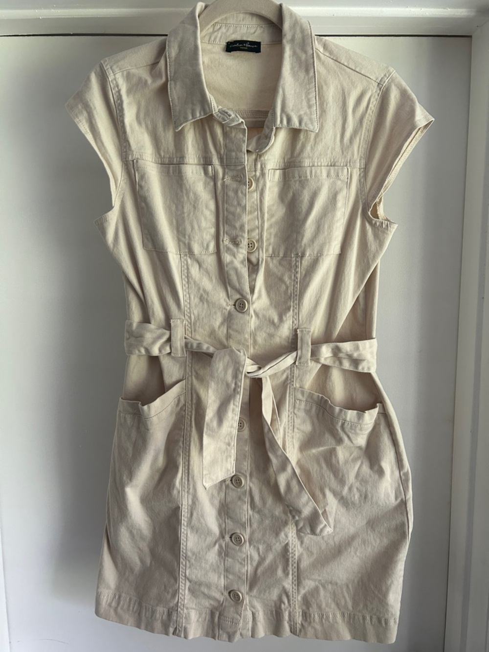 Cream Button-Front Utility Dress with Waist Tie
